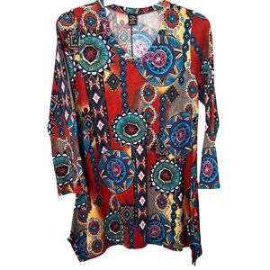 WIN WIN LONG SLV V-NECK FLARE BOTTOM TUNIC, WOMENS, L-XL, MULTICOLORS, ABSTRACT